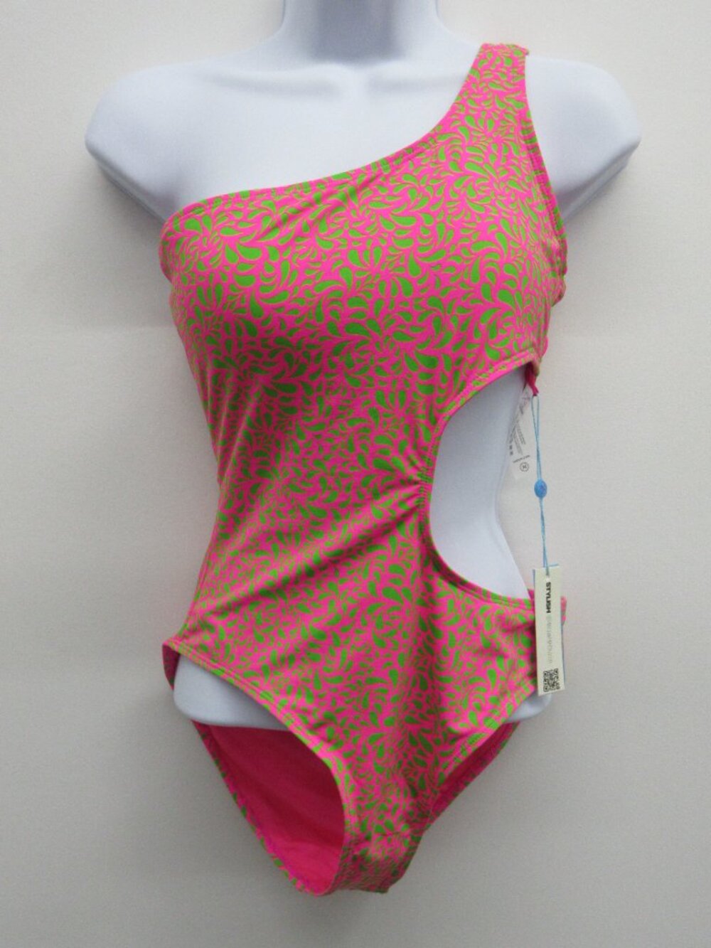 STYLISH SWIMWEAR ONE SHOULDER CUT OUT BATHING SWIM SUIT WOMEN M PINK GREEN